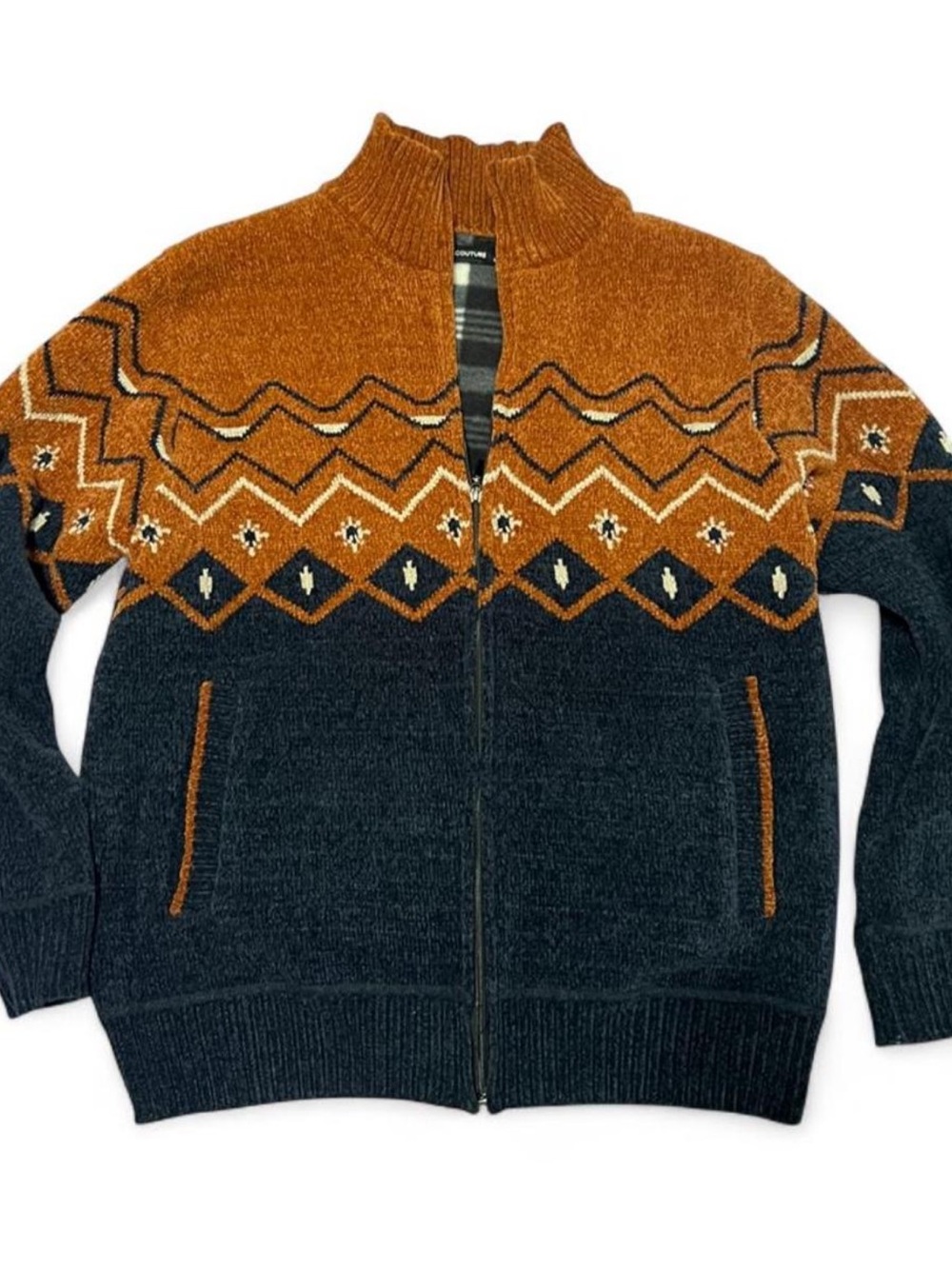 Men's Nordic Western Chenille Full-Zip Rust Orange and Navy Fleece Lined Jacket